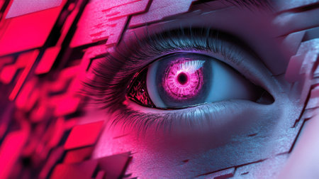 A close up of a womans eye with pink iris and pupil, AIの素材