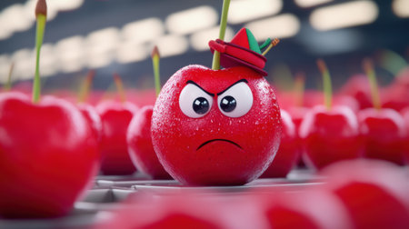 A red cherries with angry faces and hats on top of them, AIの素材