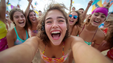 A group of a bunch of girls taking selfies on the beach, AIの素材