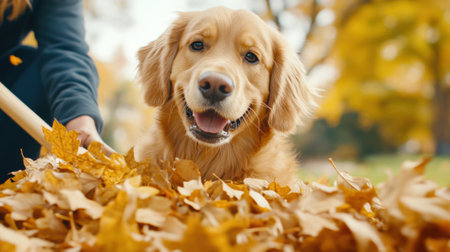 A dog is sitting in a pile of leaves with its owner, AIの素材