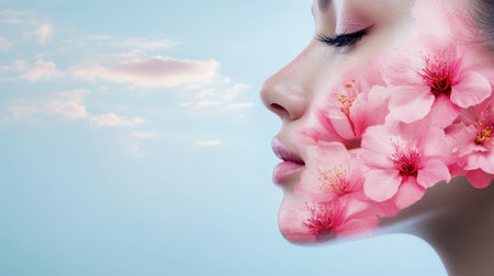 A woman with pink flowers on her face and a blue sky behind, AIの素材