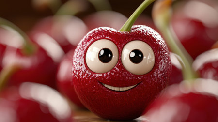 A close up of a cherry with eyes and mouth on it, AIの素材