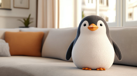 A penguin sitting on a couch in front of windows, AIの素材