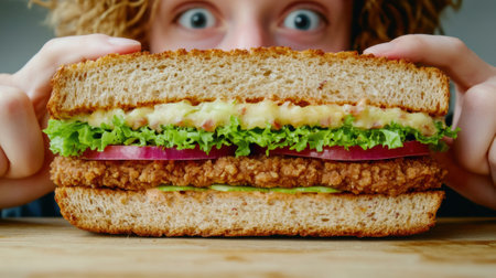 A woman holding a sandwich with meat, lettuce and onions, AIの素材