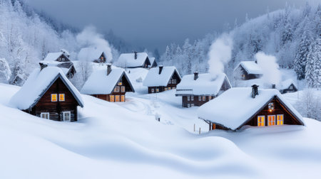 A group of houses covered in snow with lights on, AIの素材