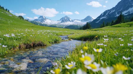 A stream of water flowing through a meadow with flowers, AIの素材