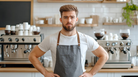 A man in apron standing with his arms crossed and hands on hips, AIの素材