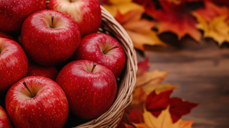 A basket of a bunch of apples sitting on top of leaves, AIの素材