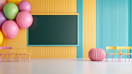A room with colorful walls and balloons in the background, AIの素材
