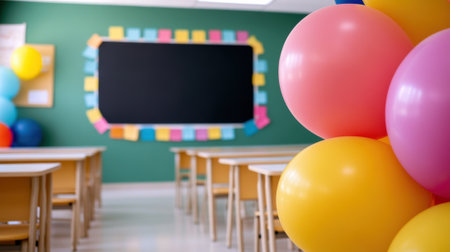 A classroom with a blackboard and colorful balloons in the background, AIの素材
