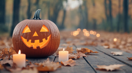 A pumpkin with a face carved into it sitting on top of some candles, AIの素材