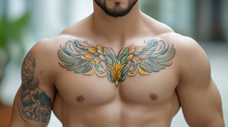 A man with a large tattoo on his chest and stomach, AIの素材