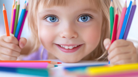 A little girl holding a bunch of colored pencils in her hands, AIの素材