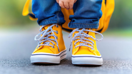 A person wearing yellow sneakers and a backpack with their feet on the ground, AIの素材