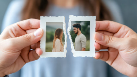 A person holding a torn photo of two people, AIの素材