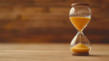 An hourglass with sand on a wooden table in front of it, AIの素材