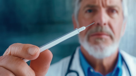 A man in a white coat holding up an injection, AIの素材
