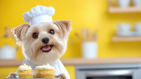 A dog in a chefs hat holding two cupcakes on a tray, AIの素材