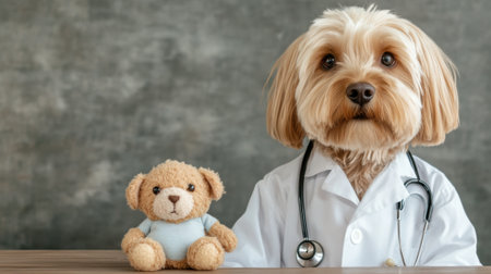 A dog in a white coat and stethoscope next to teddy bear, AIの素材