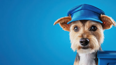 A dog wearing a blue hat and holding mail in its mouth, AIの素材