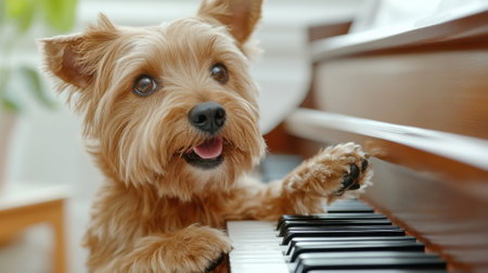 A small dog sitting on a piano playing the keys, AIの素材