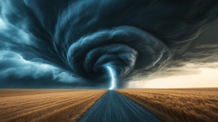 A large storm cloud is coming towards a road with lightning, AIの素材