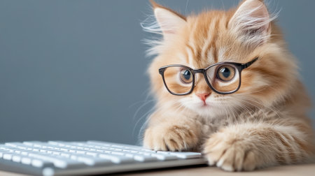 A cat wearing glasses sitting on a keyboard with its paws, AIの素材