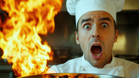 A chef in a white hat with flames coming out of his mouth, AIの素材