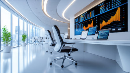 A large office with a desk and chairs in front of monitors, AIの素材