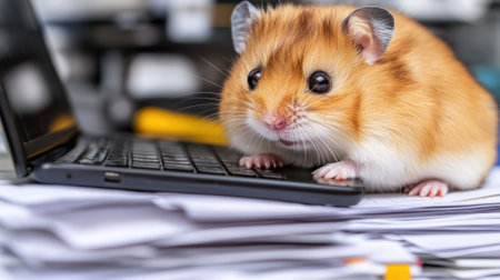 A hamster sitting on top of a pile of papers with its paws resting on the keyboard, AIの素材