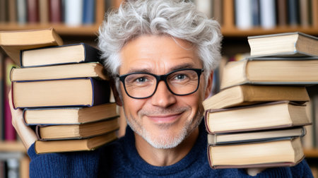 A man with glasses holding a stack of books in his hands, AIの素材