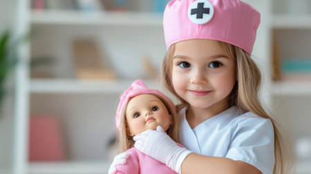 A little girl in a nurses outfit holding her doll, AIの素材