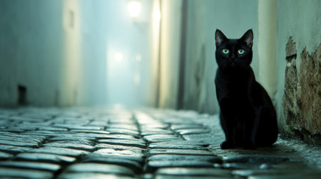A black cat sitting on a cobblestone street with green eyes, AIの素材