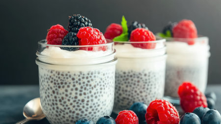 Three jars of fruit in a glass with yogurt and berries, AIの素材