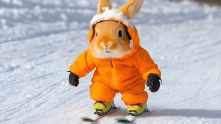 A bunny in an orange suit skiing down a snowy slope, AIの素材