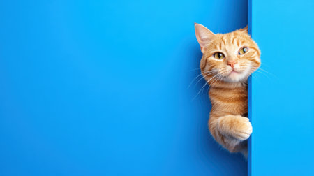 A cat peeking out of a blue wall with its paws on the corner, AIの素材