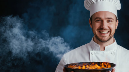 A chef holding a pan with smoke coming out of it, AIの素材