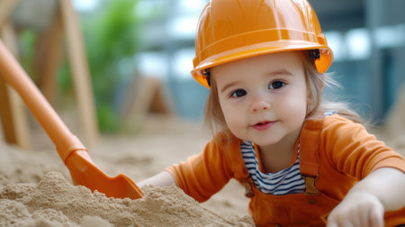 A little girl in a hard hat playing with sand and digging, AIの素材