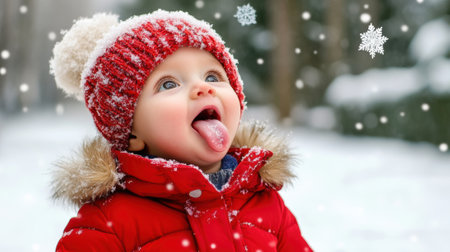 A baby in a red coat sticking out its tongue, AIの素材