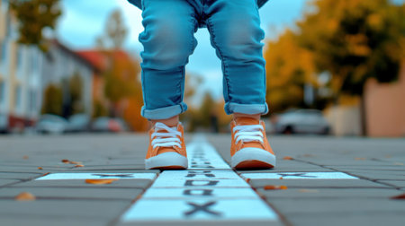 A child standing on a sidewalk with shoes and jeans, AIの素材