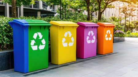 Three colorful recycling bins lined up on a sidewalk next to trees, AIの素材