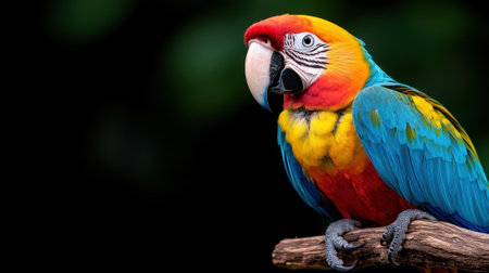 A colorful parrot perched on a branch with black background, AIの素材