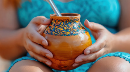 A woman holding a brown and white clay pot with a spoon in it, AIの素材
