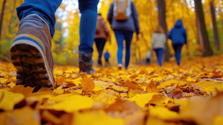 A group of people walking through a forest with leaves on the ground, AIの素材