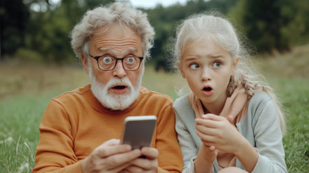 An older man and young girl looking at a cell phone, AIの素材