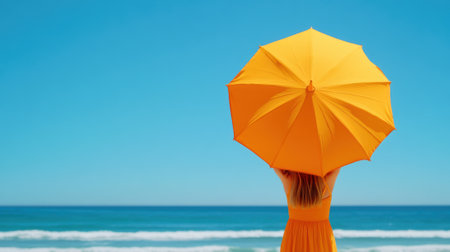 A woman in a yellow dress holding an umbrella on the beach, AIの素材
