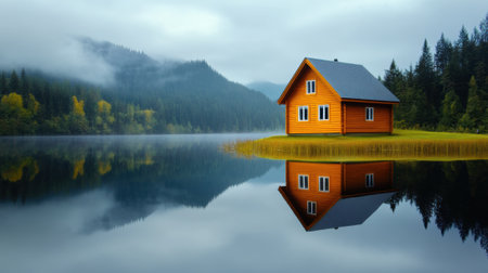 A small house sitting on a lake surrounded by trees, AIの素材