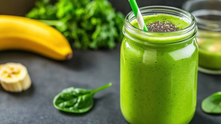 A green smoothie with a straw and some bananas on the table, AIの素材