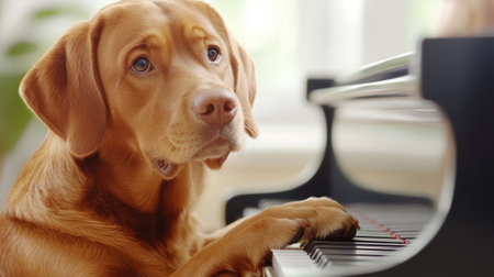 A dog playing the piano with his paws on a keyboard, AIの素材