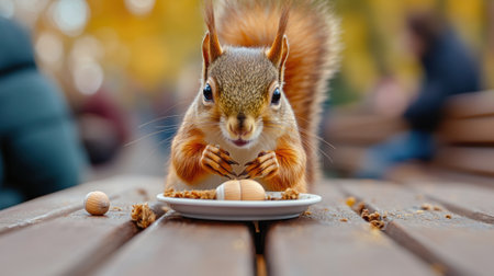 A squirrel eating nuts from a plate on the table, AIの素材